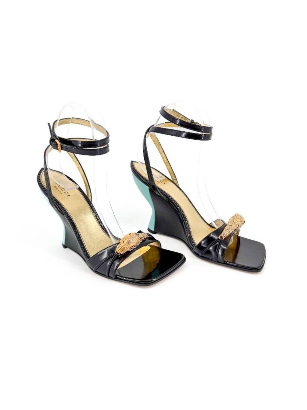 Gucci Regent Dora Crystal Snake Head Wedge Heels Size 37 US 7 Black Patent